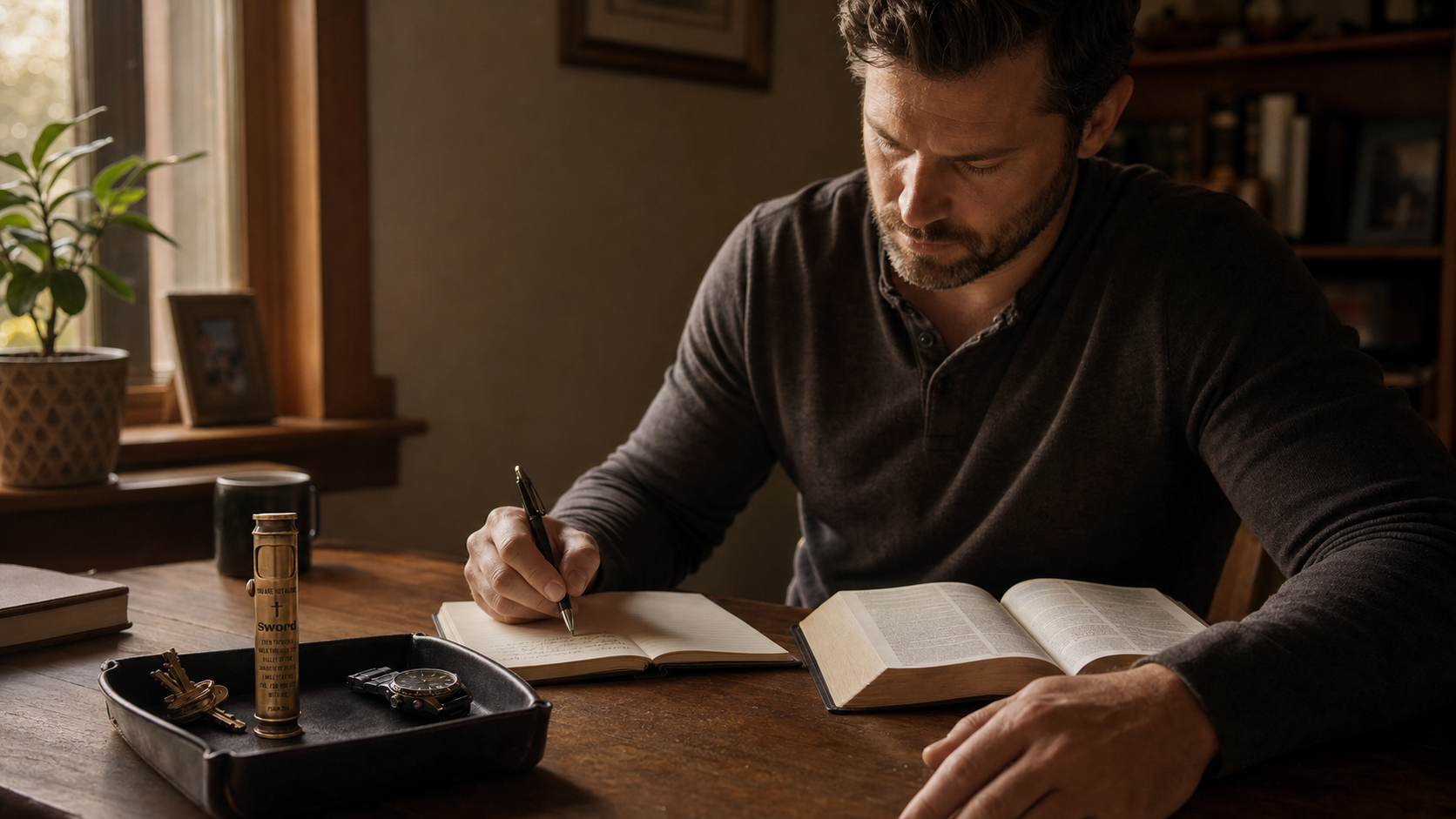 A Bible, journal, and real WEDO brass lighter in a quiet morning routine