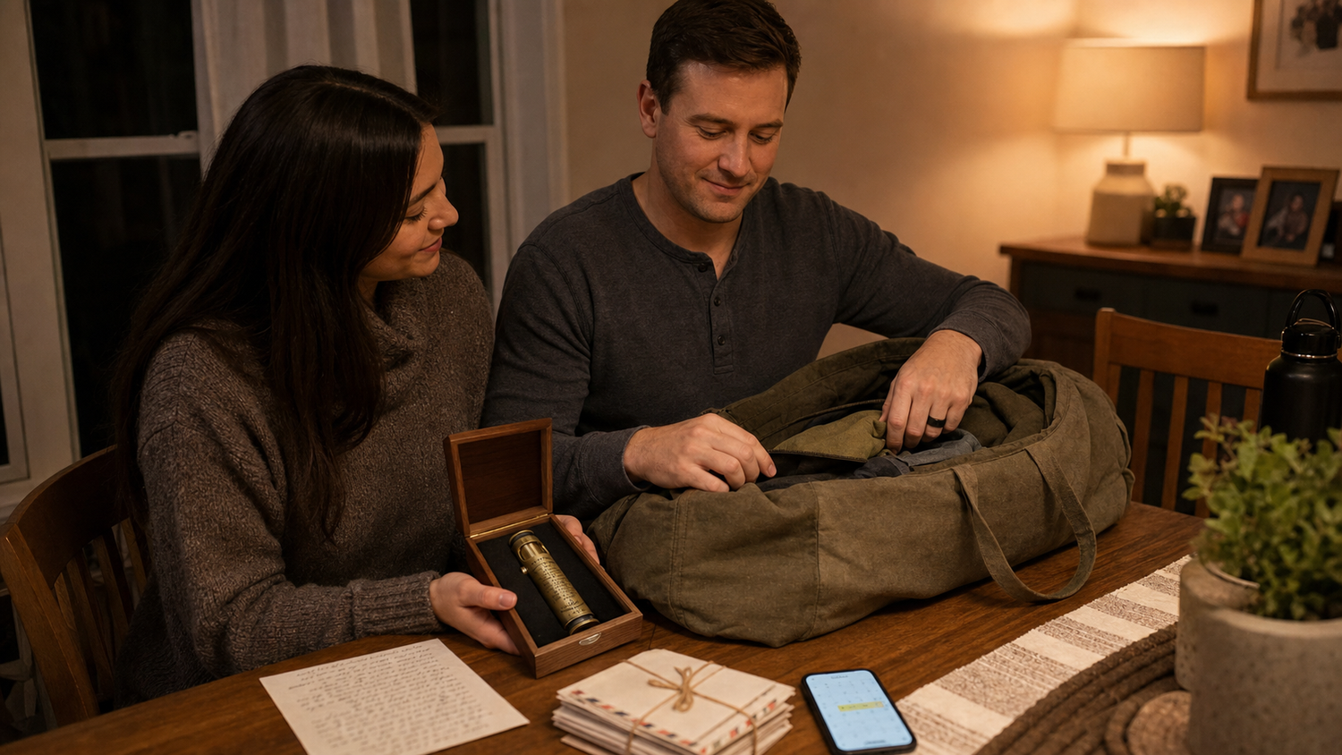 Adult couple packing before deployment with a WEDO Large Military Service Prayer lighter in an open gift box