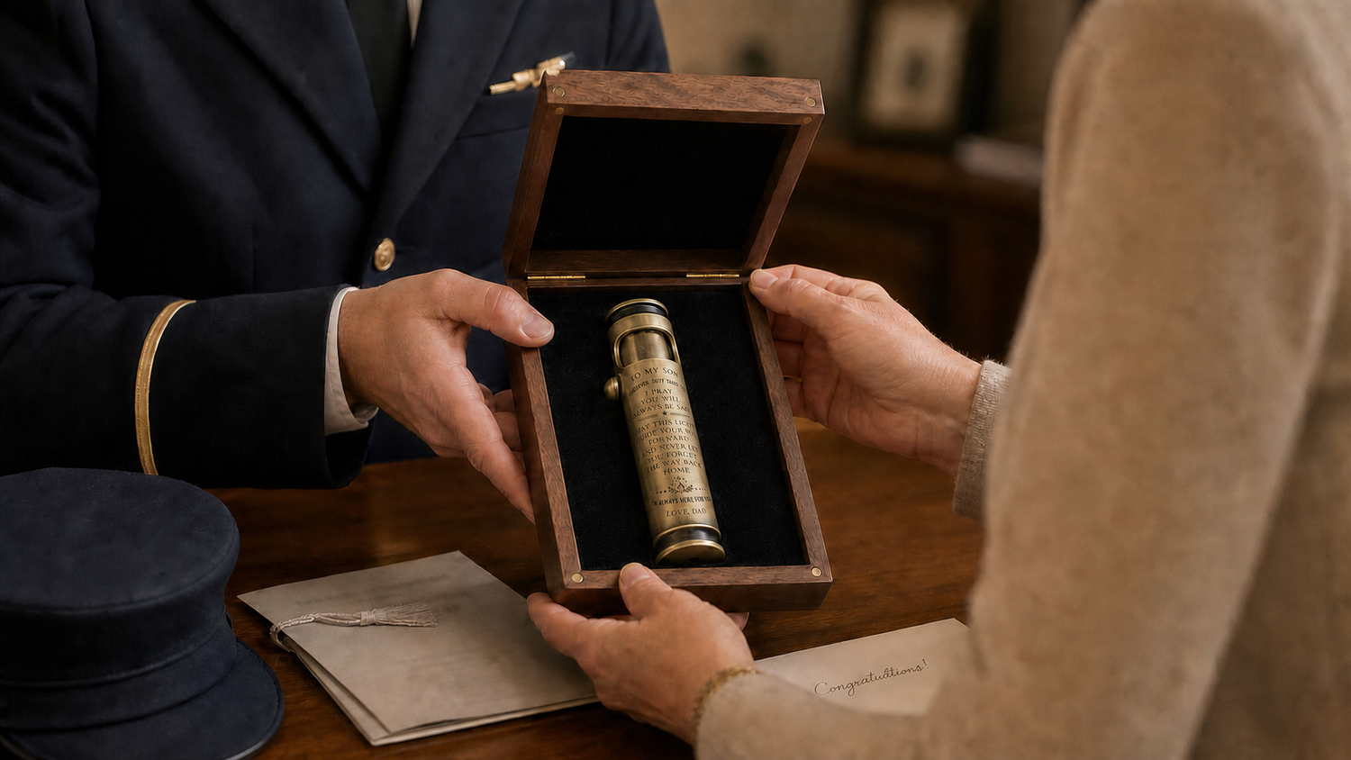Adult military graduate receiving a walnut gift box with a WEDO Large Military Service Prayer lighter