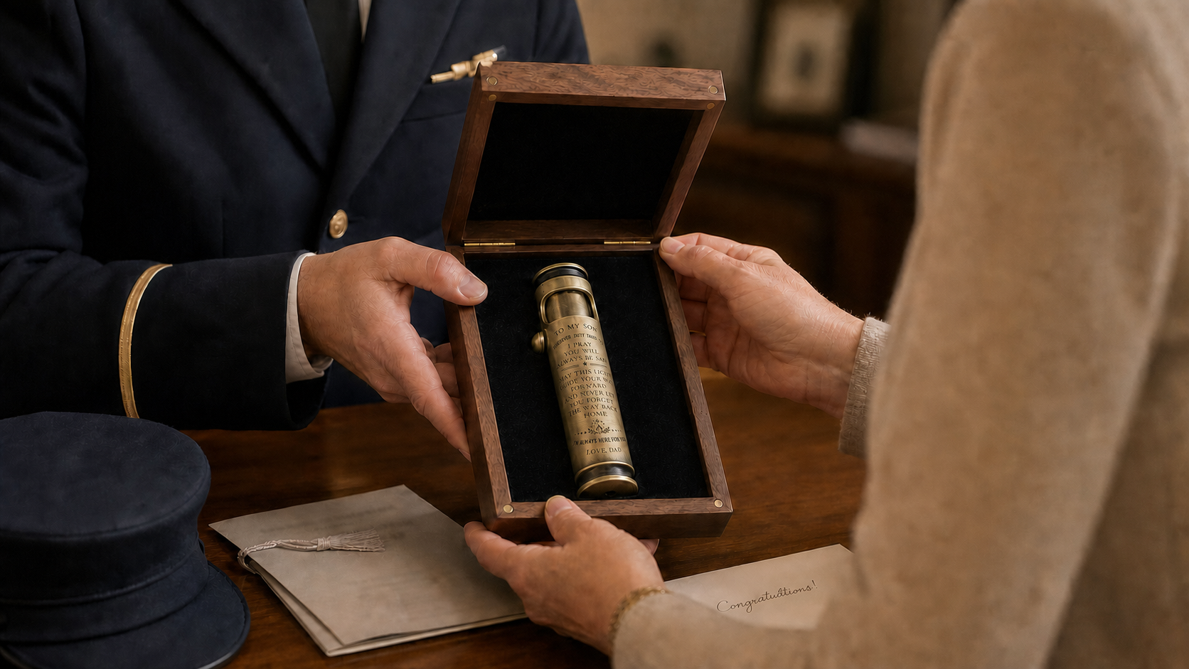 Adult military graduate receiving a walnut gift box with a WEDO Large Military Service Prayer lighter