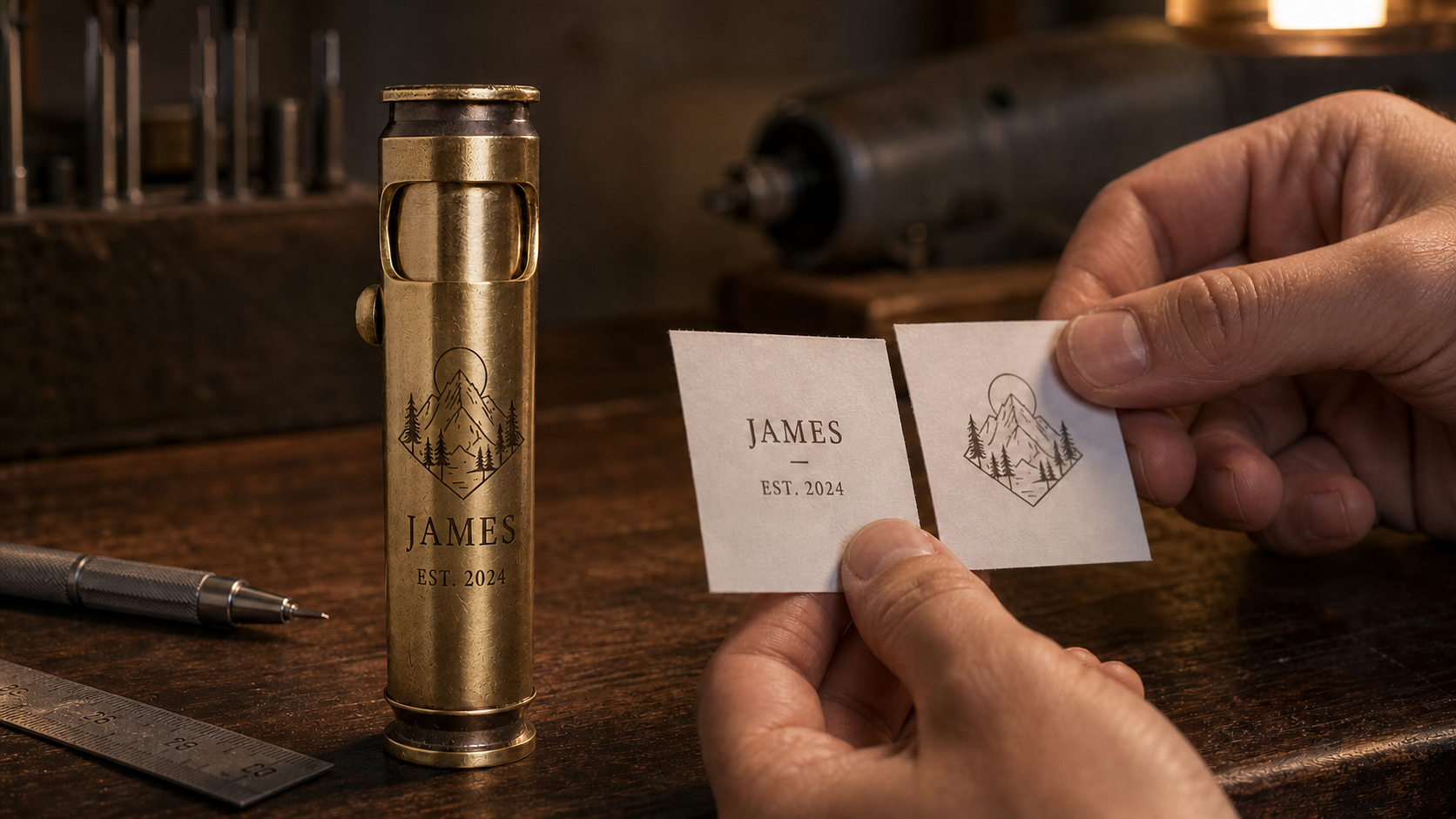 Name and mountain proof cards beside the matching finished engraving on a large WEDO lighter