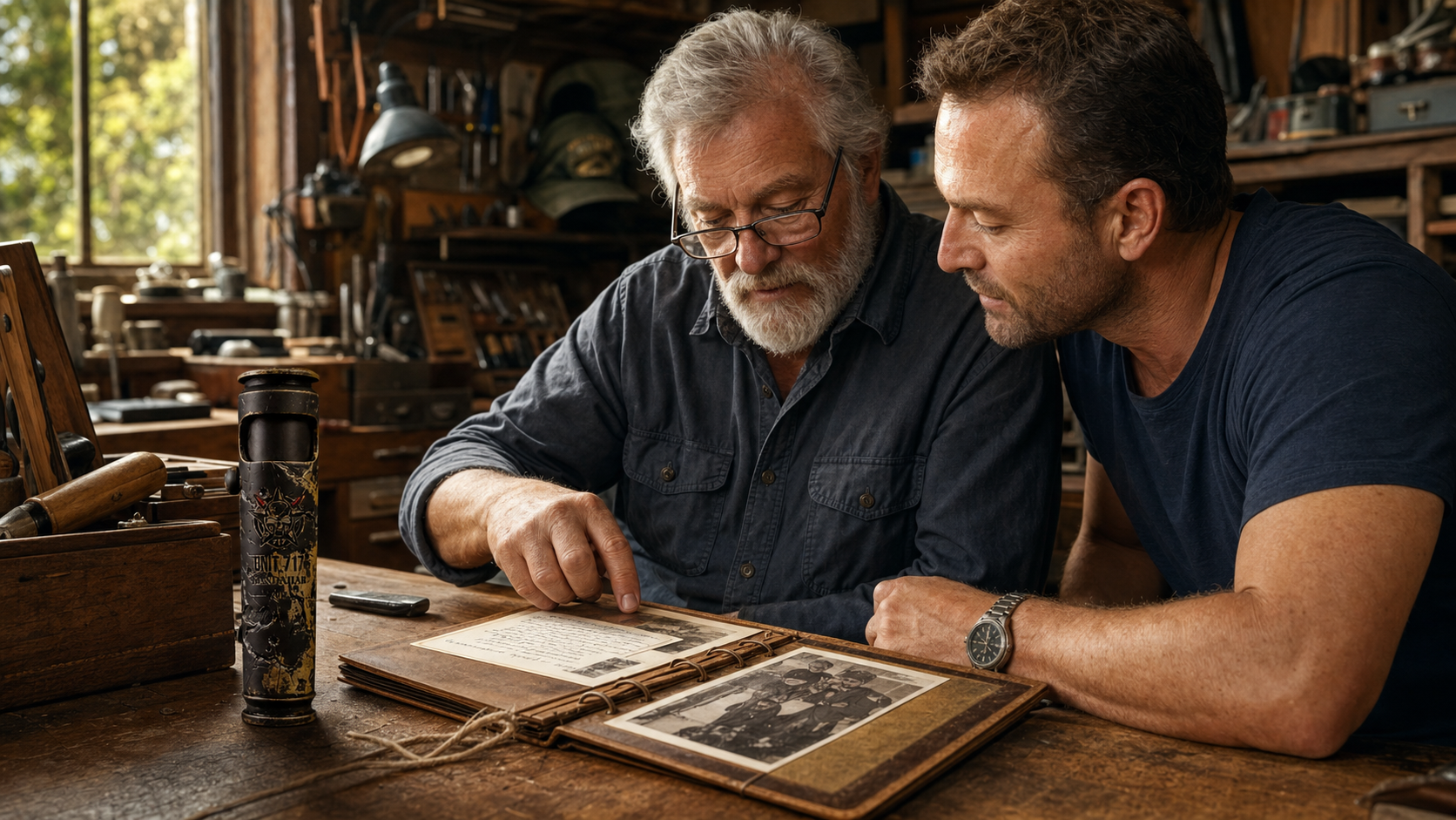 Veteran and adult son reviewing a story folio beside a WEDO Large Battle-Worn lighter in a home workshop
