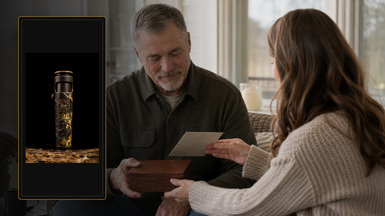 WEDO battle-worn military lighter beside a daughter giving a veteran a card and keepsake box
