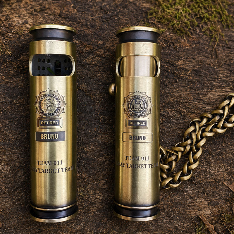 Custom engraved WEDO brass shell lighters with personalized names and dates
