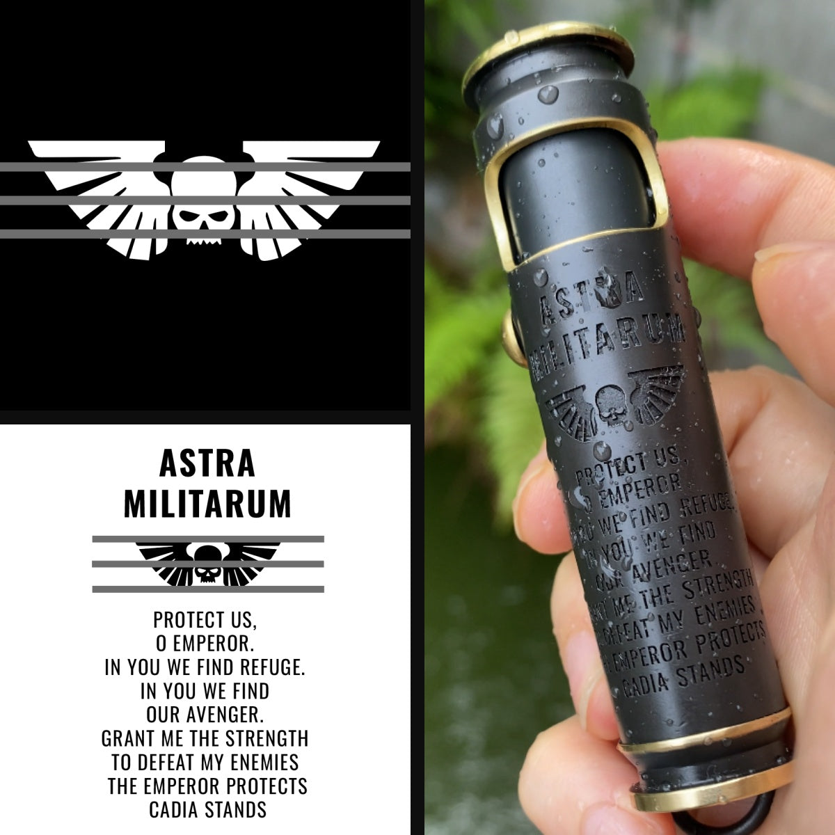 Custom dark fantasy engraving preview with original game-inspired symbol, layout, and finished WEDO brass shell lighter