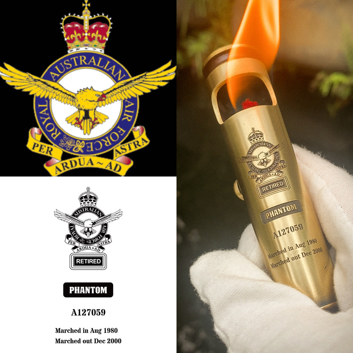 Custom engraved retirement gift lighter with service dates and emblem artwork