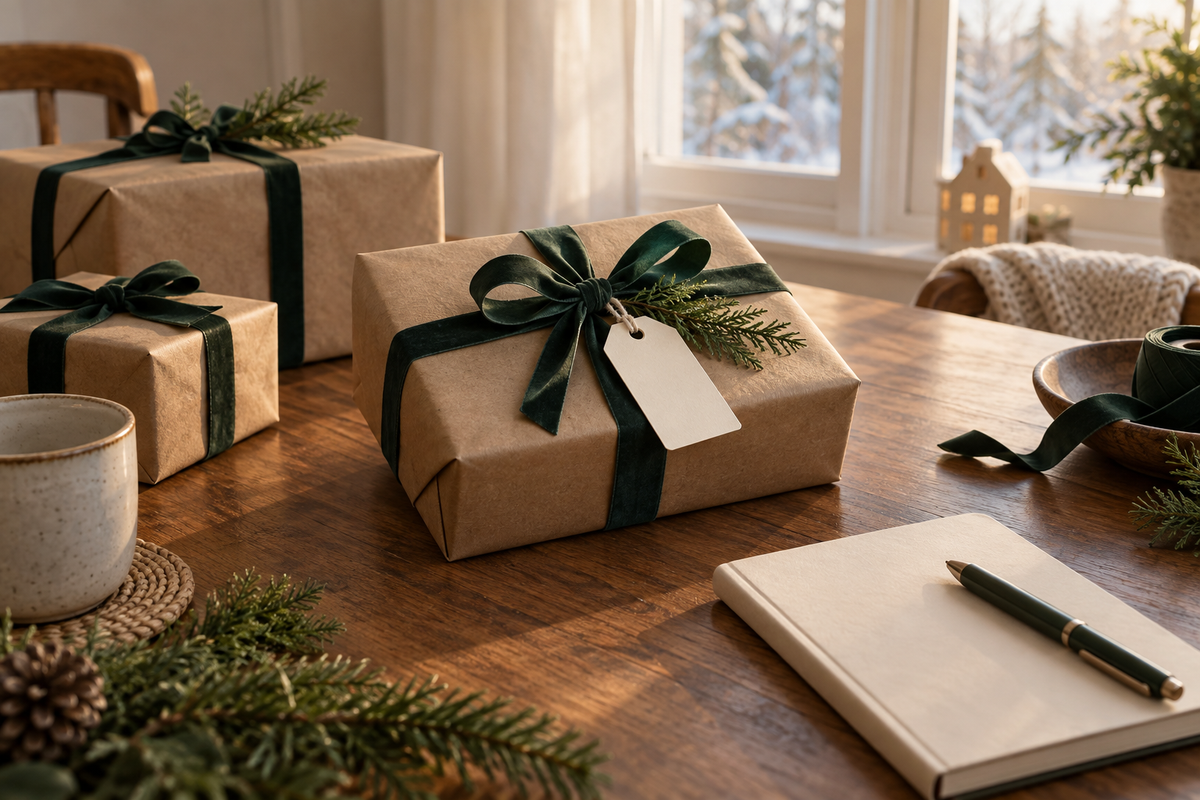 Kraft paper Christmas gifts with green ribbons, a blank tag and a notebook ready for planning