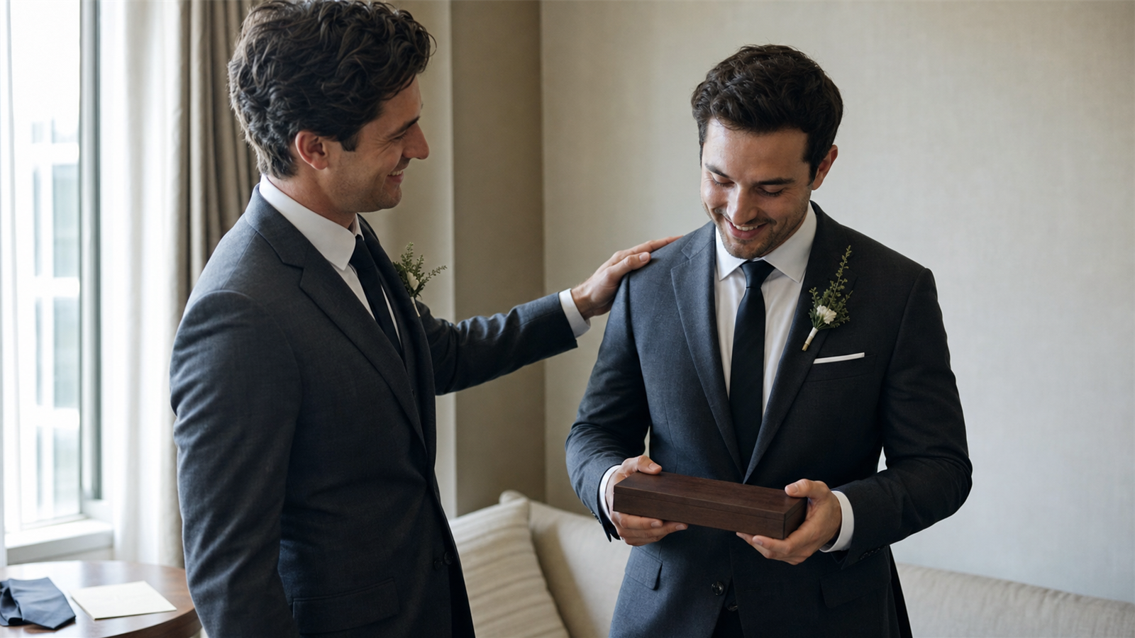 Groomsman receiving a closed keepsake gift box from the groom before the wedding