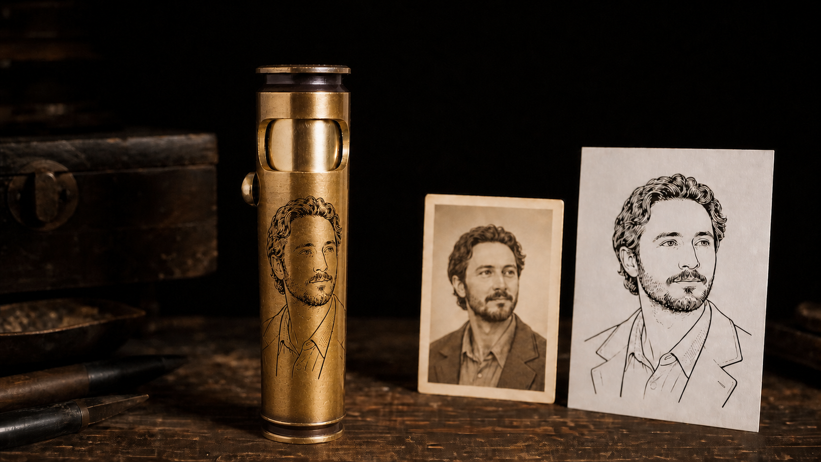 WEDO classic brass lighter with a portrait engraving mockup beside the photo and line art proof