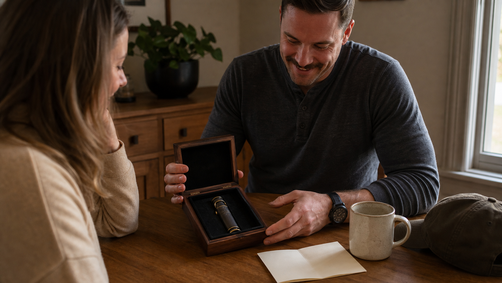 Adult man receiving a WEDO Medium Military Commemorative lighter in a wooden gift box at home