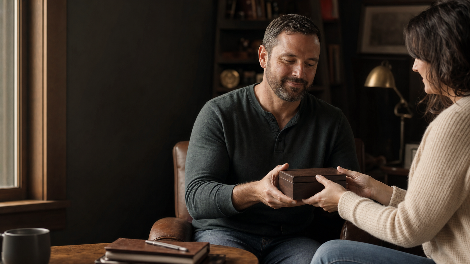 Adult veteran or service member receiving a closed wooden keepsake box at home