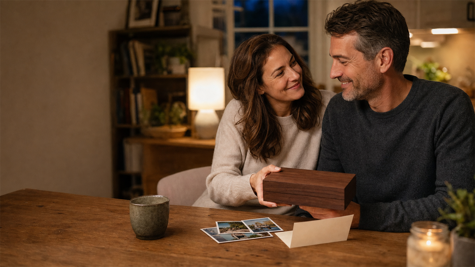 Married couple exchanging a closed keepsake box beside anniversary photos at home
