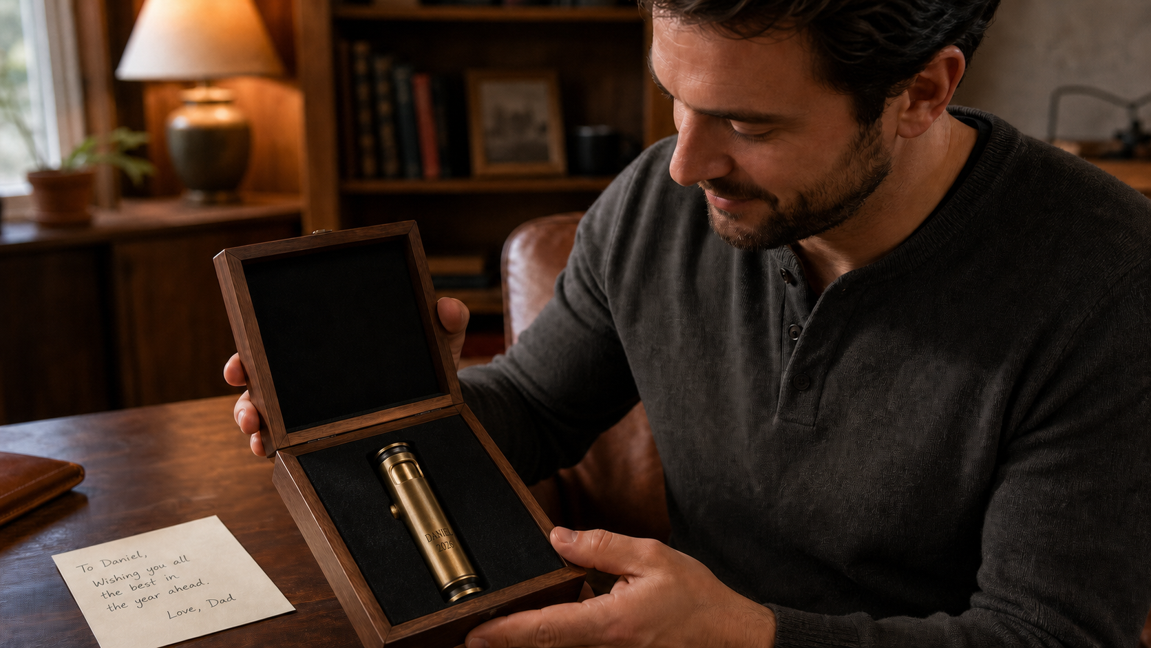 Man opening a walnut gift box containing a personalized WEDO medium brass lighter