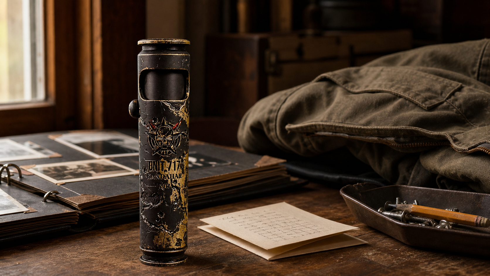 WEDO Large Battle-Worn lighter on a veteran’s home workbench beside a family album and handwritten card