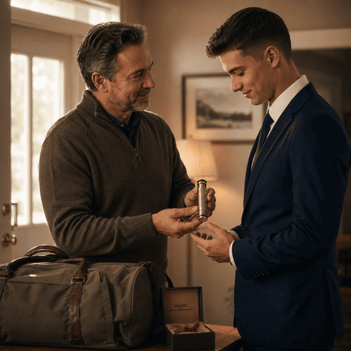 Father giving a custom military service prayer lighter to his son before deployment