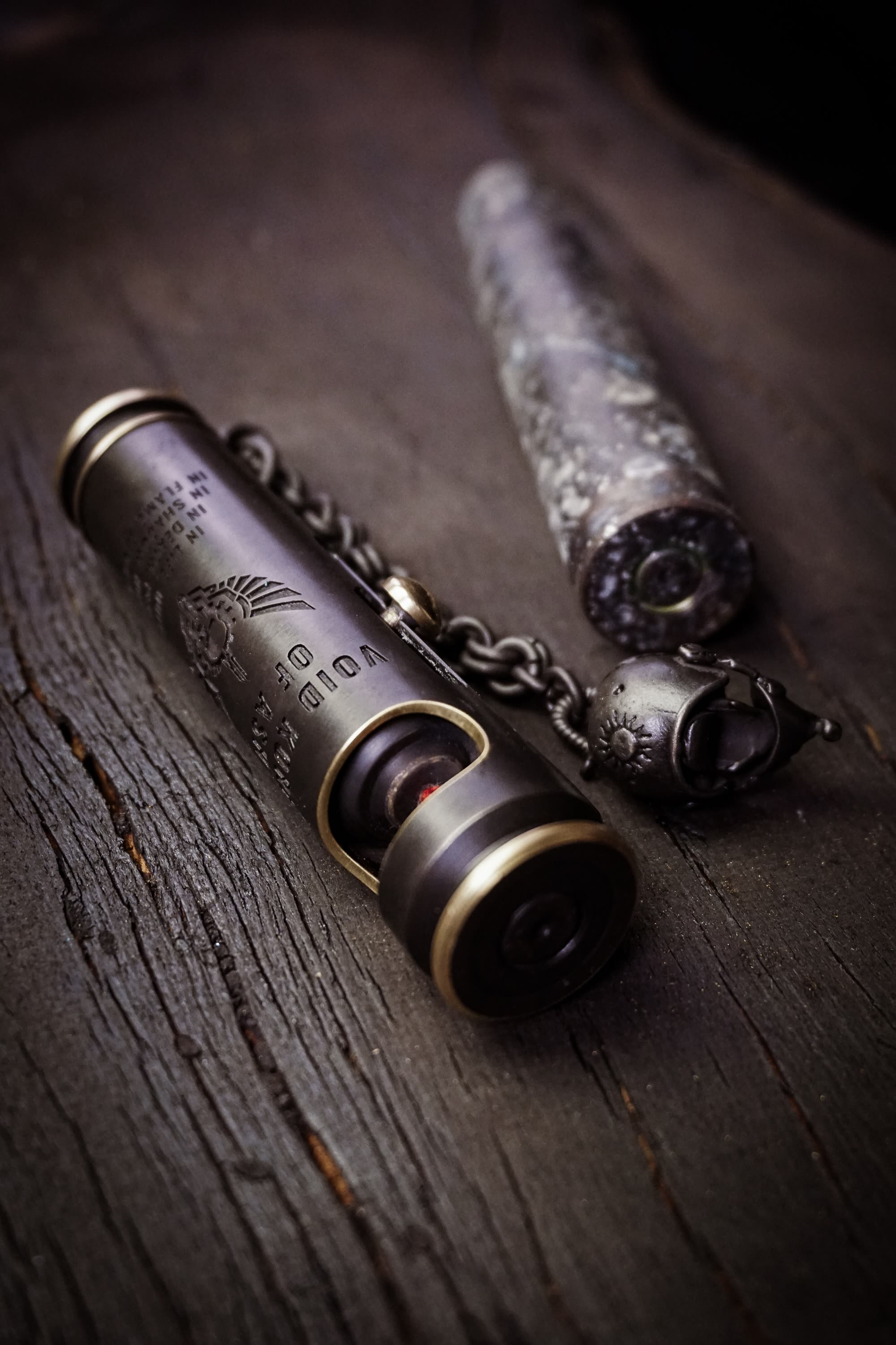 Open Large Void Korps dark fantasy lighter with chain attachment and engraved brass body