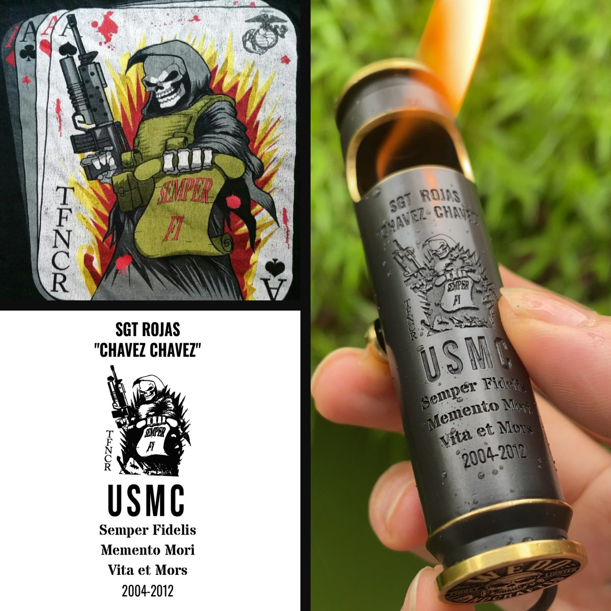 Custom military gift engraving preview with artwork, service name, dates, motto, and finished WEDO brass shell lighter