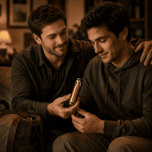 Brother giving a military service prayer lighter as a send-off gift between brothers