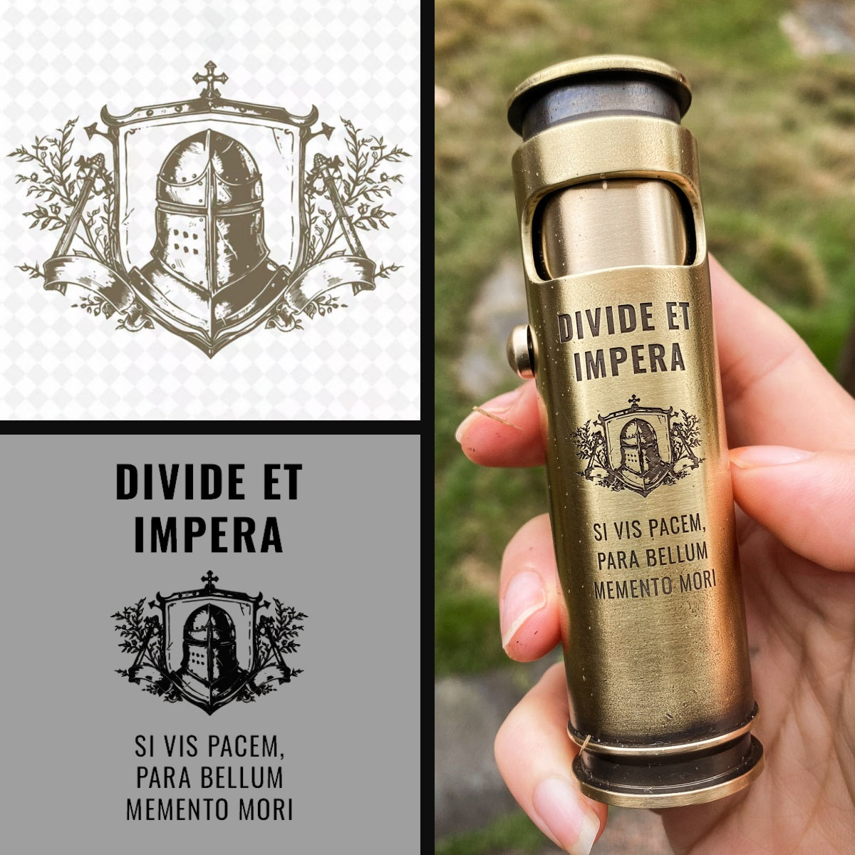 Custom engraving process showing artwork, layout adjustment, and finished WEDO brass shell lighter with personalized design