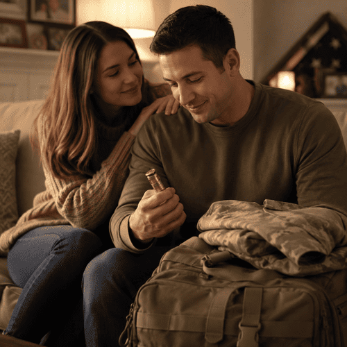 Wife giving a military service prayer lighter to her husband before deployment