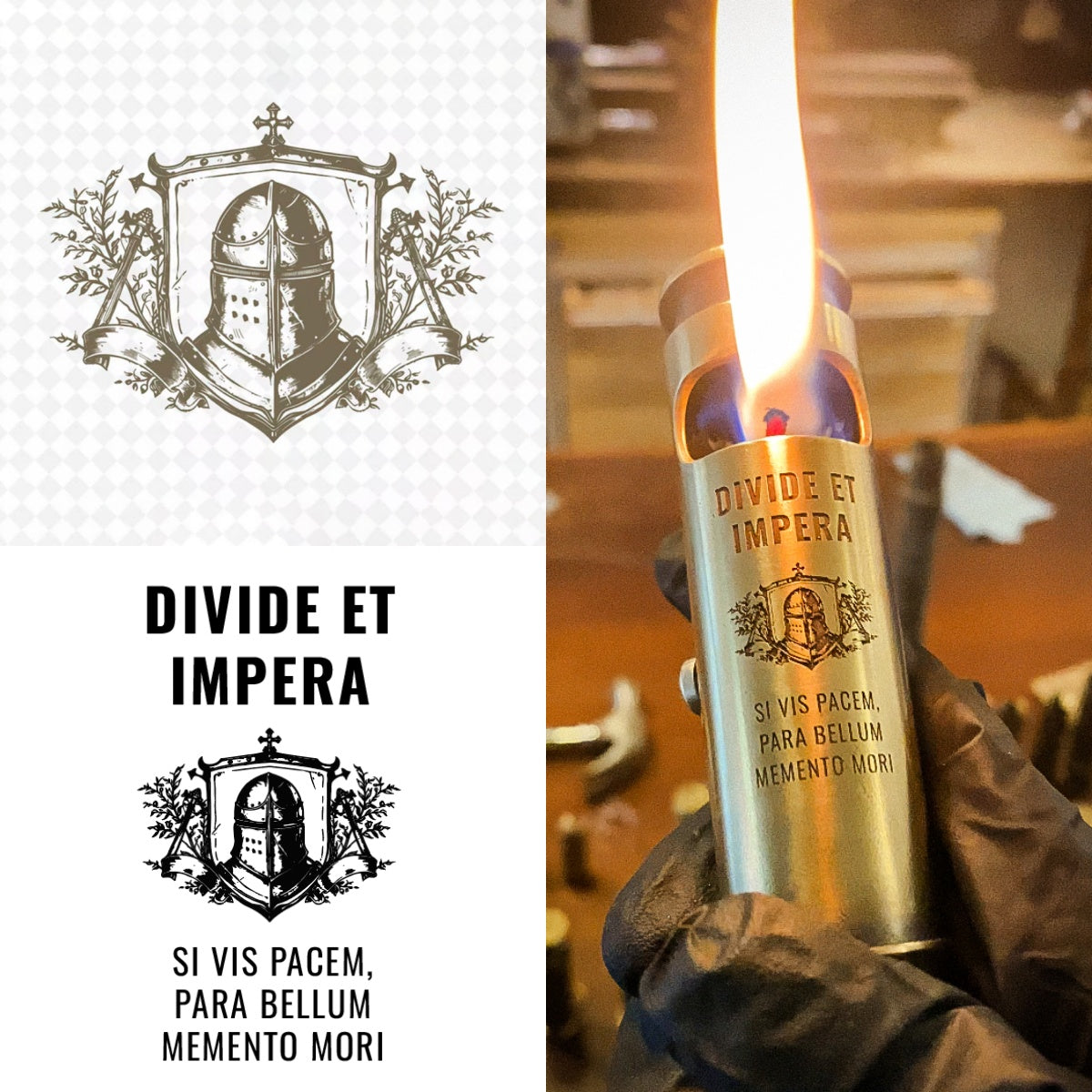 Custom engraved brass lighter with family crest and heritage design